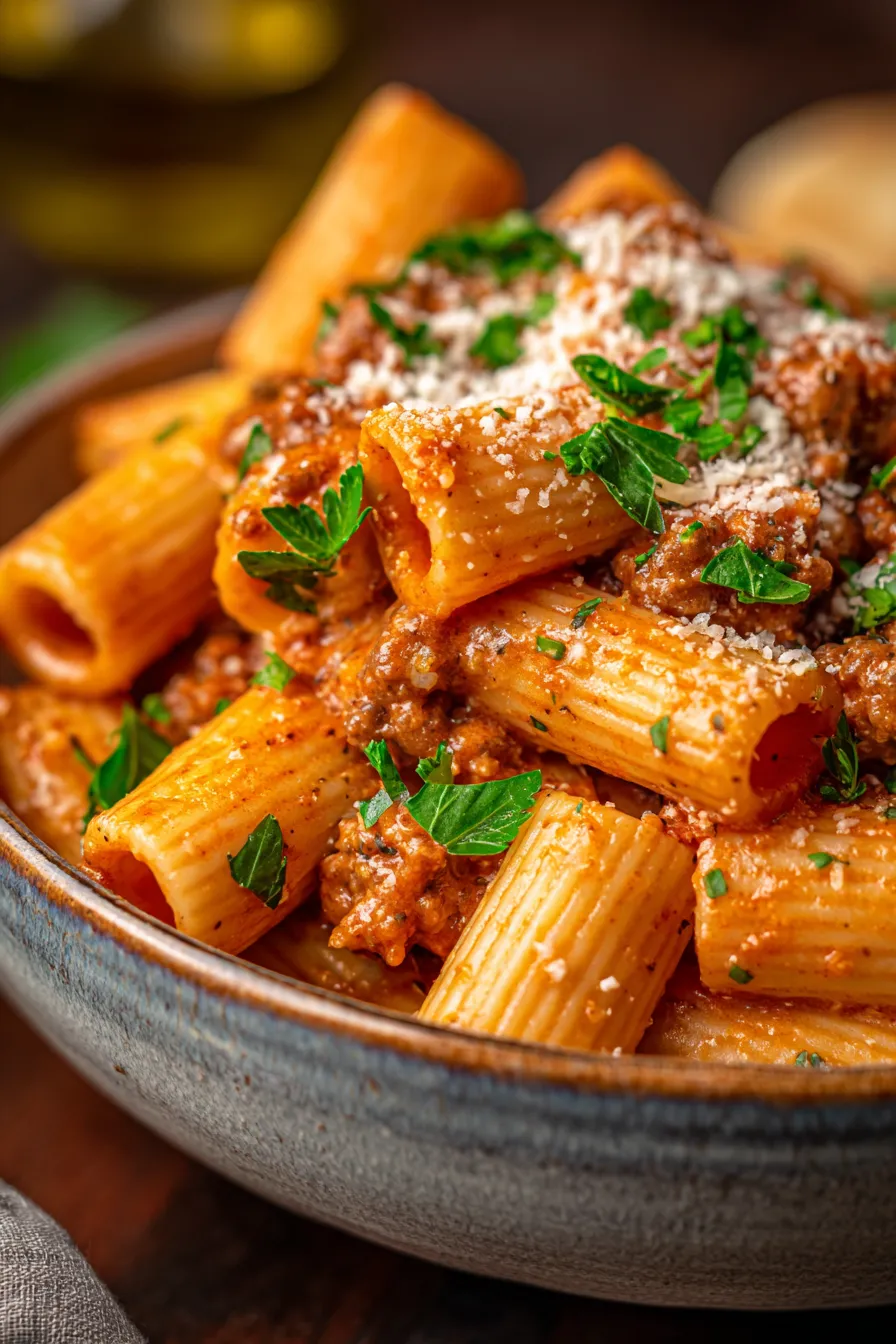 Creamy Sausage Rigatoni Pasta Recipe - serving bowl with steam rising