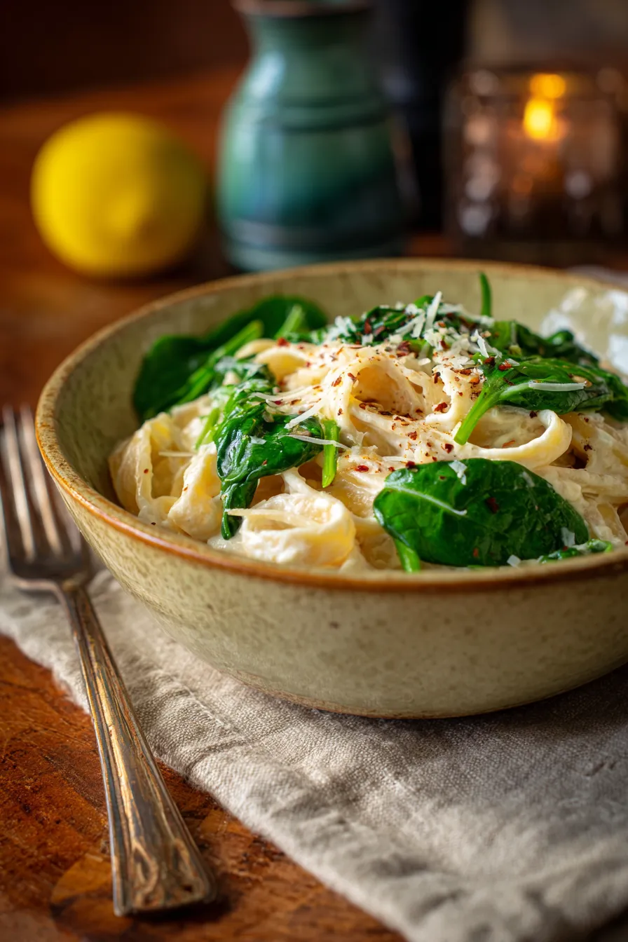creamy spinach pasta close-up