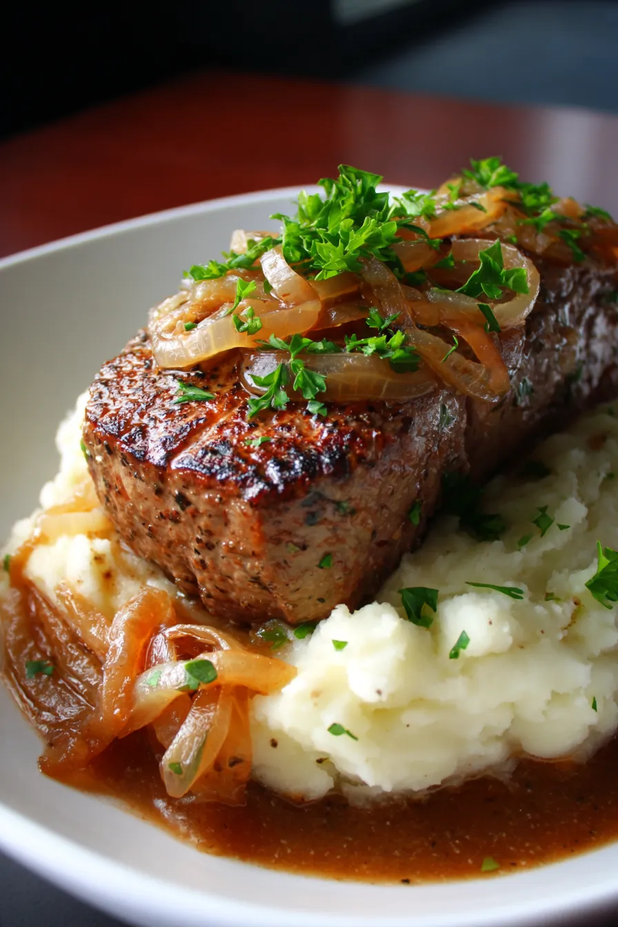 Crock Pot Sirloin Steak and Gravy-serving-mashed potatoes