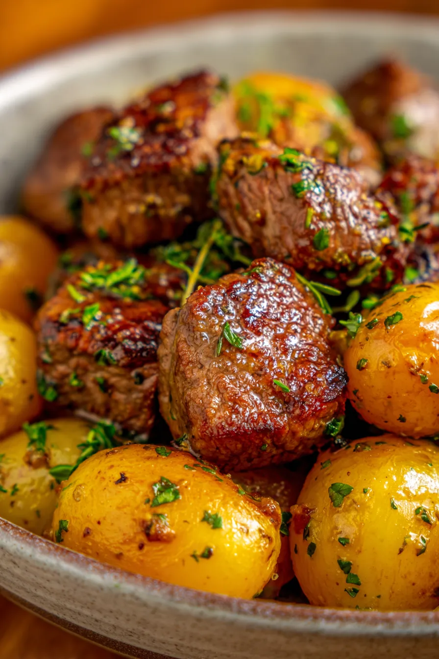 Crockpot Garlic Butter Beef Bites with Potatoes – Easy Slow Cooker Meal Idea-close up-tender beef-garlic butter sauce