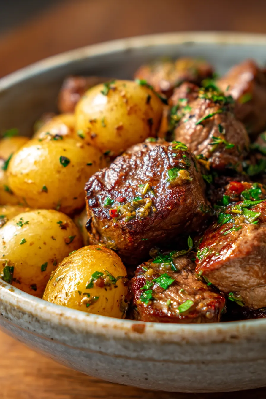 Crockpot Garlic Butter Beef Bites with Potatoes – Easy Slow Cooker Meal Idea-serving-garnish-fresh herbs