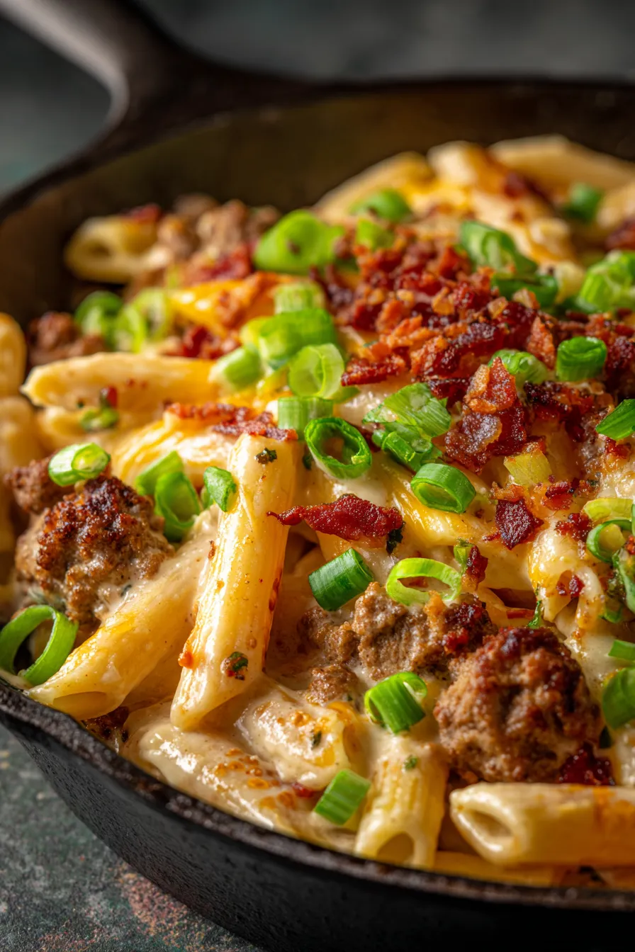 Easy Loaded Cheeseburger Alfredo Pasta-serving-spoonful