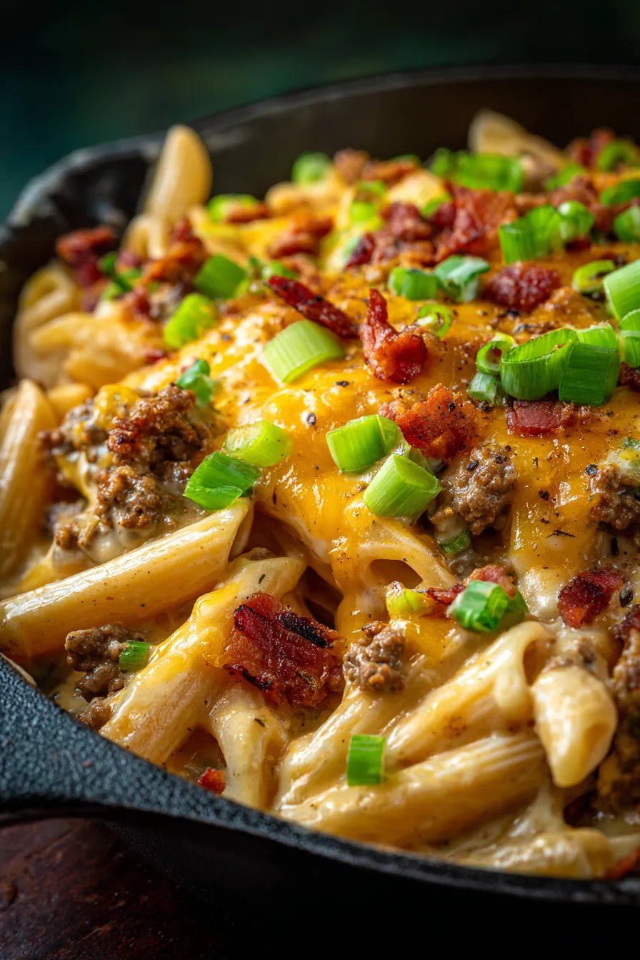 Easy Loaded Cheeseburger Alfredo Pasta-texture-closeup
