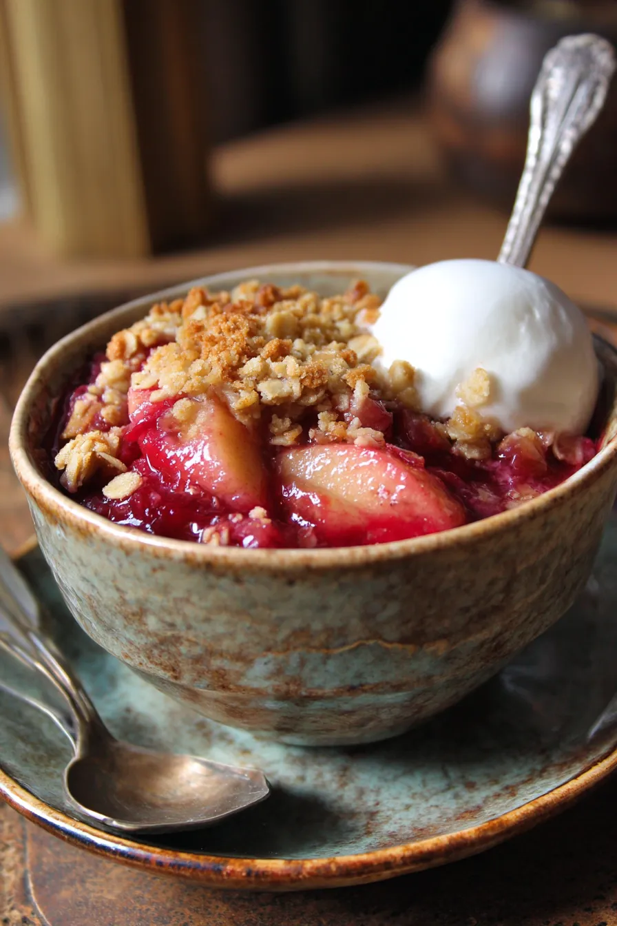 Easy Rhubarb Crisp-closeup-bubbling filling
