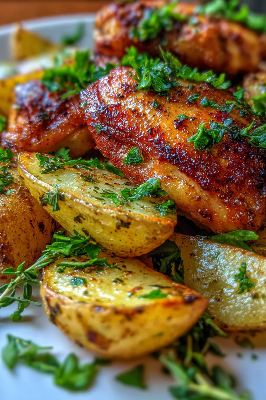 Garlic Parmesan Chicken Thighs and Potatoes - full sheet pan - before serving