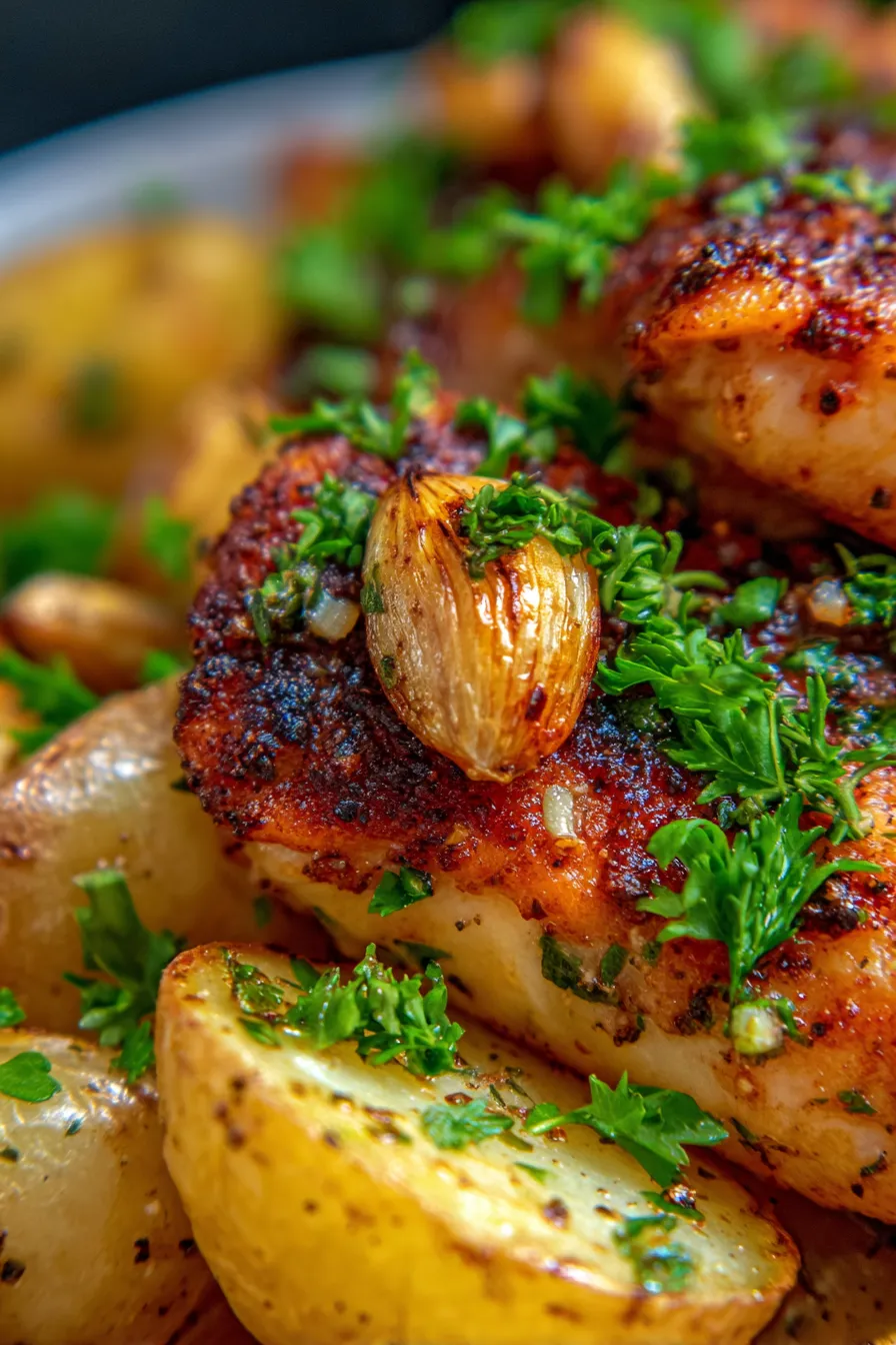 Garlic Parmesan Chicken Thighs and Potatoes - tender roasted potatoes - close up