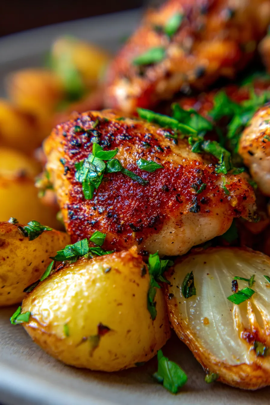 Garlic Parmesan Chicken Thighs and Potatoes - vibrant fresh herbs - garnishing