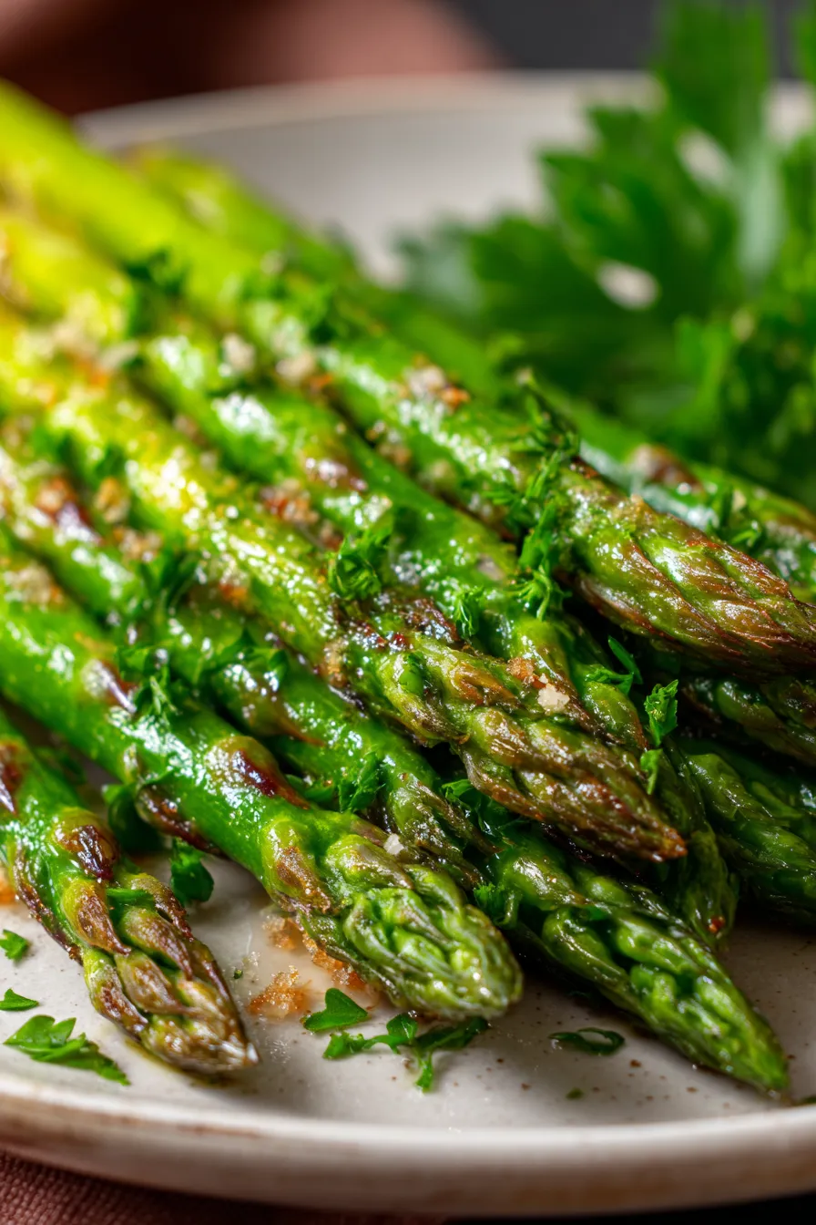 Garlic Parmesan Roasted Asparagus - close-up, crispy tips, melted cheese, fresh garlic, detailed texture