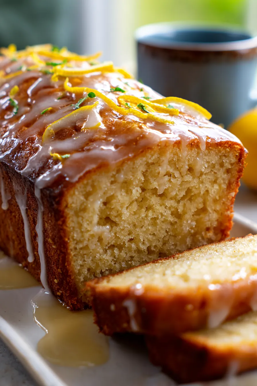 Greek Yogurt Lemon Loaf Cake with glaze drizzle