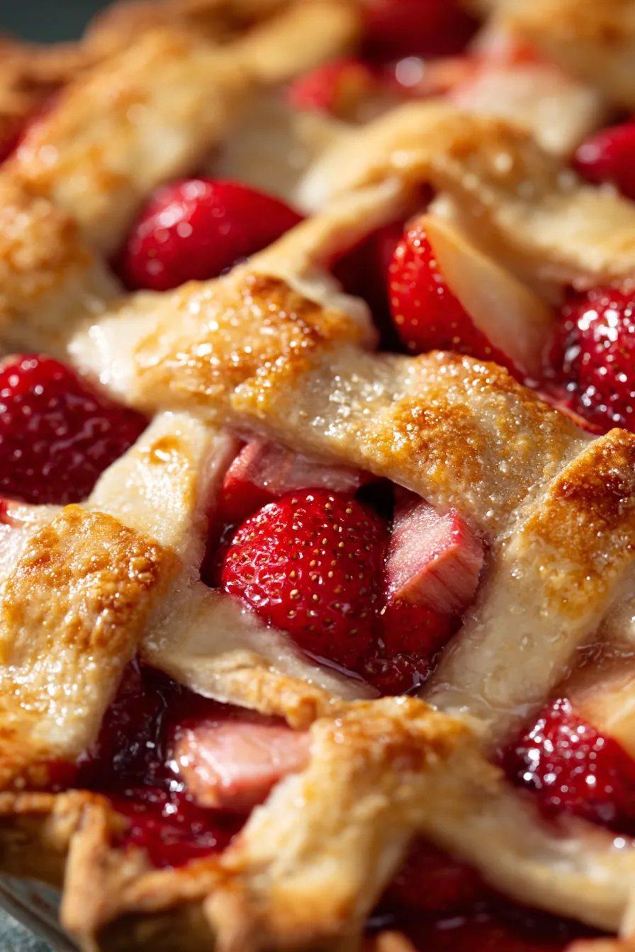 Homemade Pie-lattice crust-strawberries-rhubarb-freshly baked