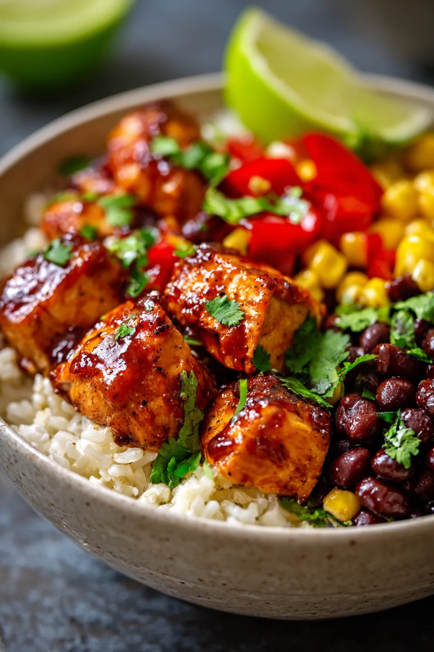Honey BBQ Chicken Rice Bowl-action shot-sauce