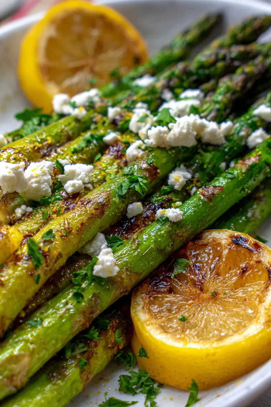 Lemon and Feta Grilled Asparagus-plated-garnished