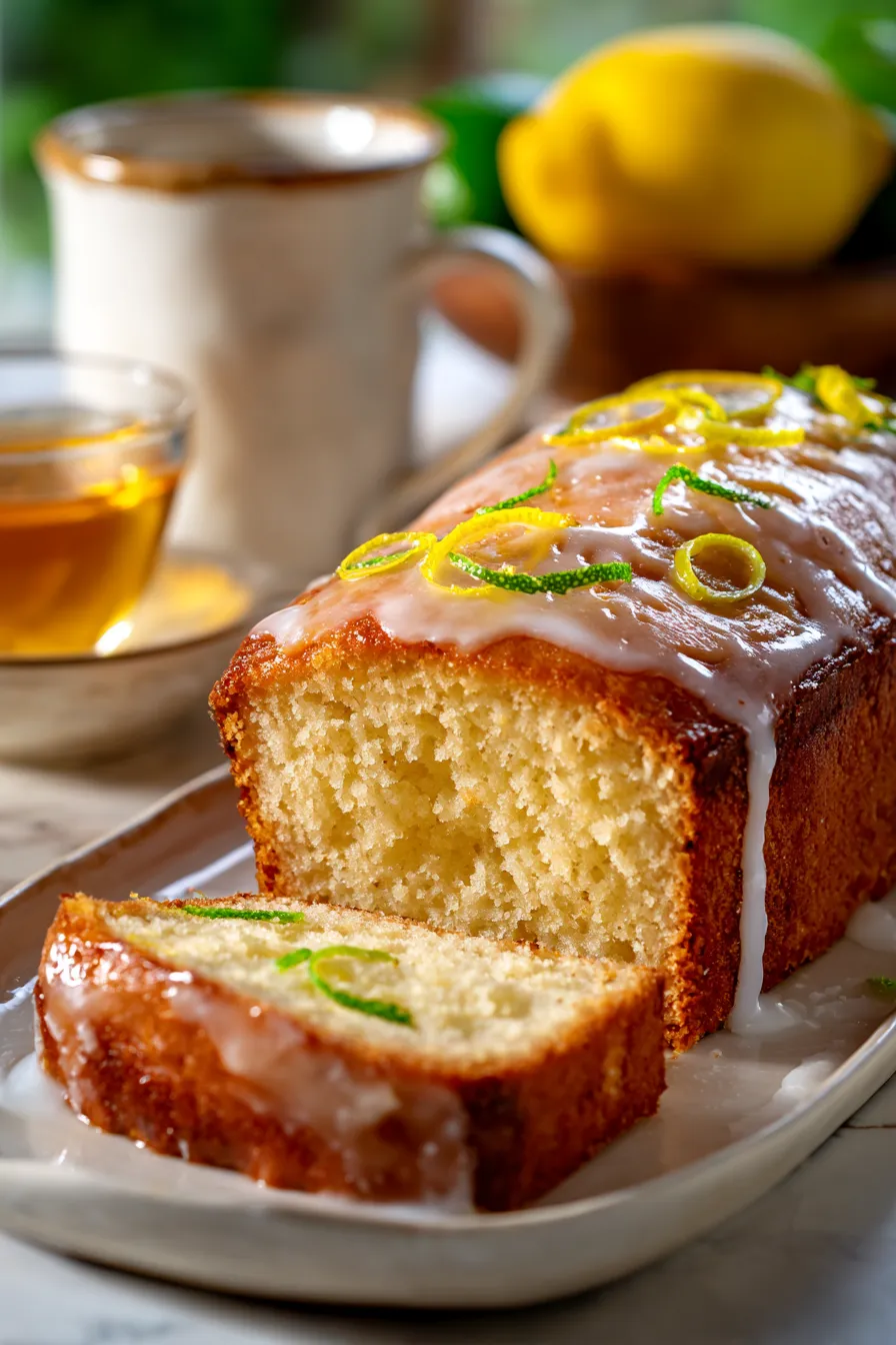 Lemon Loaf Cake on wooden board with lemons