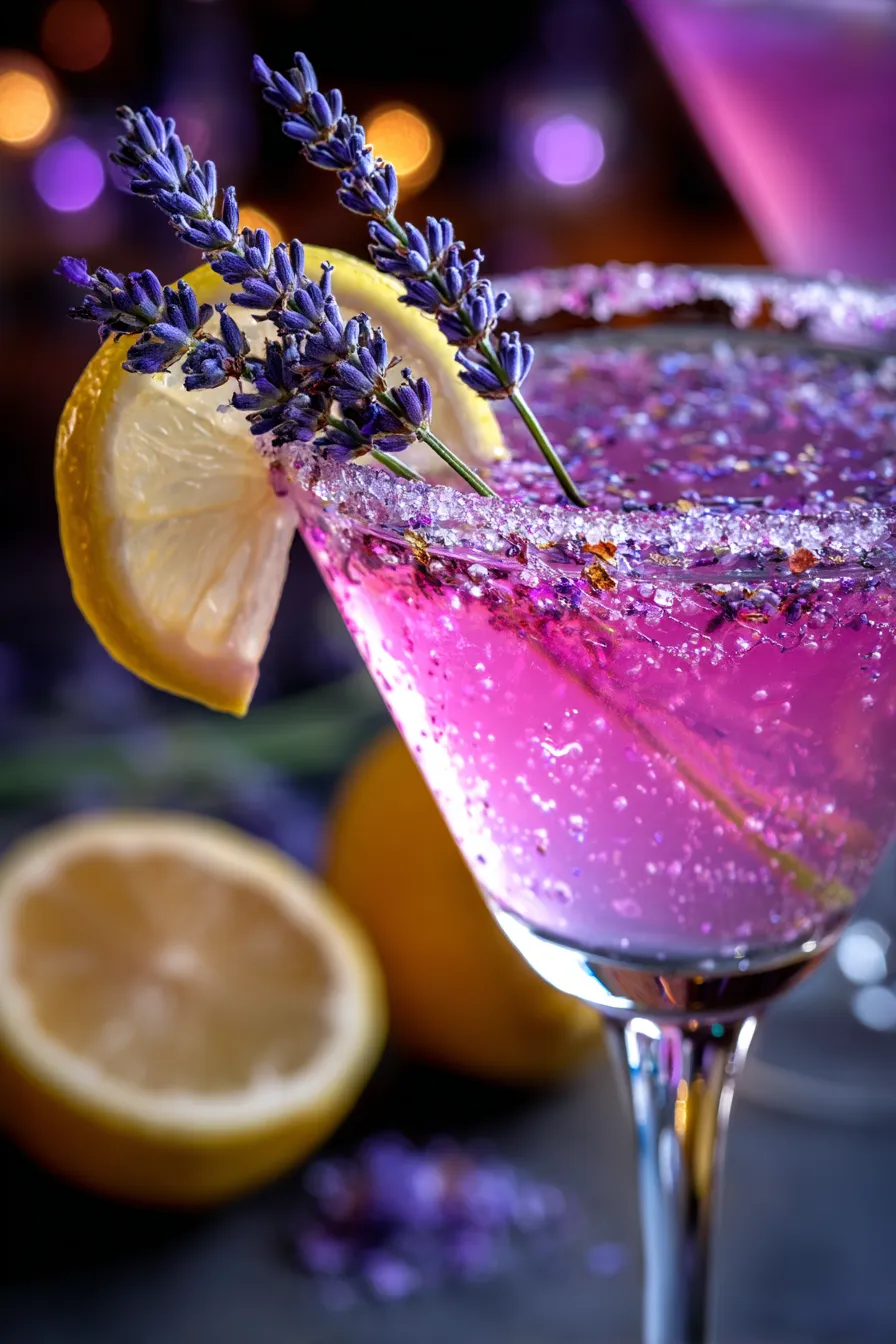 Martini glass, elegant, lemon twist, lavender sprig, garnished drink