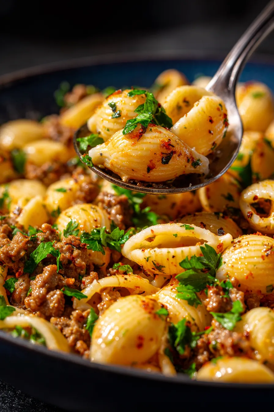 One-Pot Creamy Beef and Garlic Butter Pasta-garnished with herbs