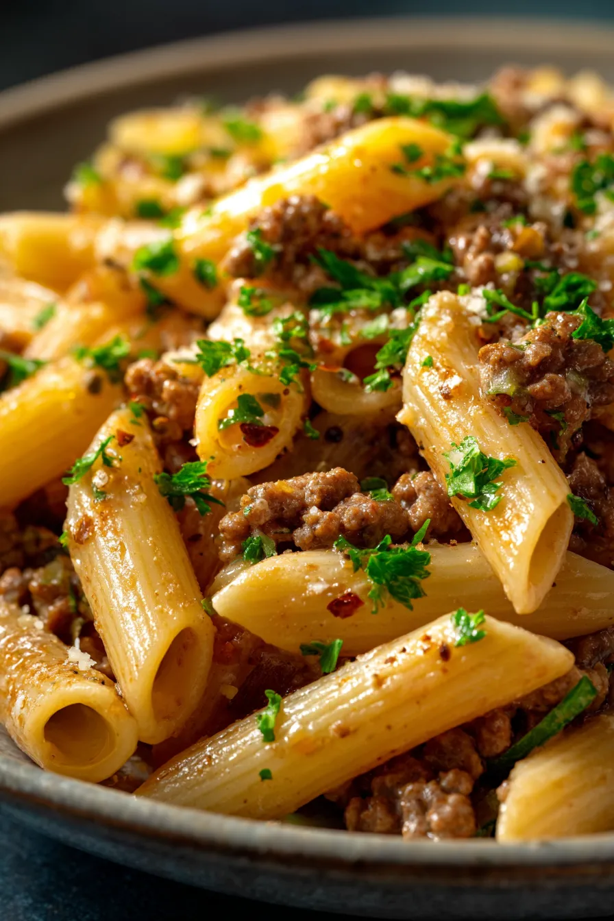 One-Pot Creamy Beef and Garlic Butter Pasta-serving bowl