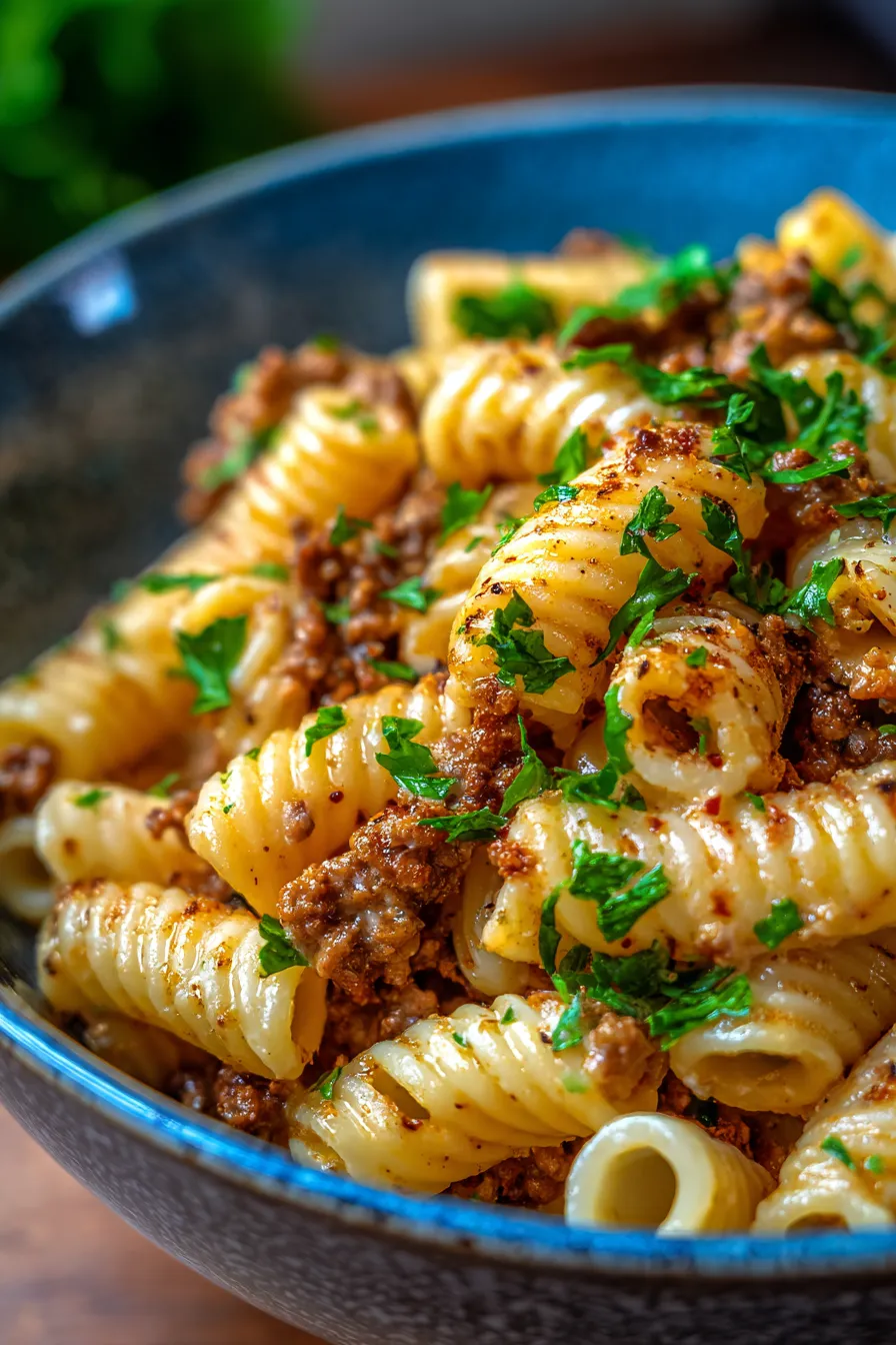One-Pot Creamy Beef and Garlic Butter Pasta-texture closeup