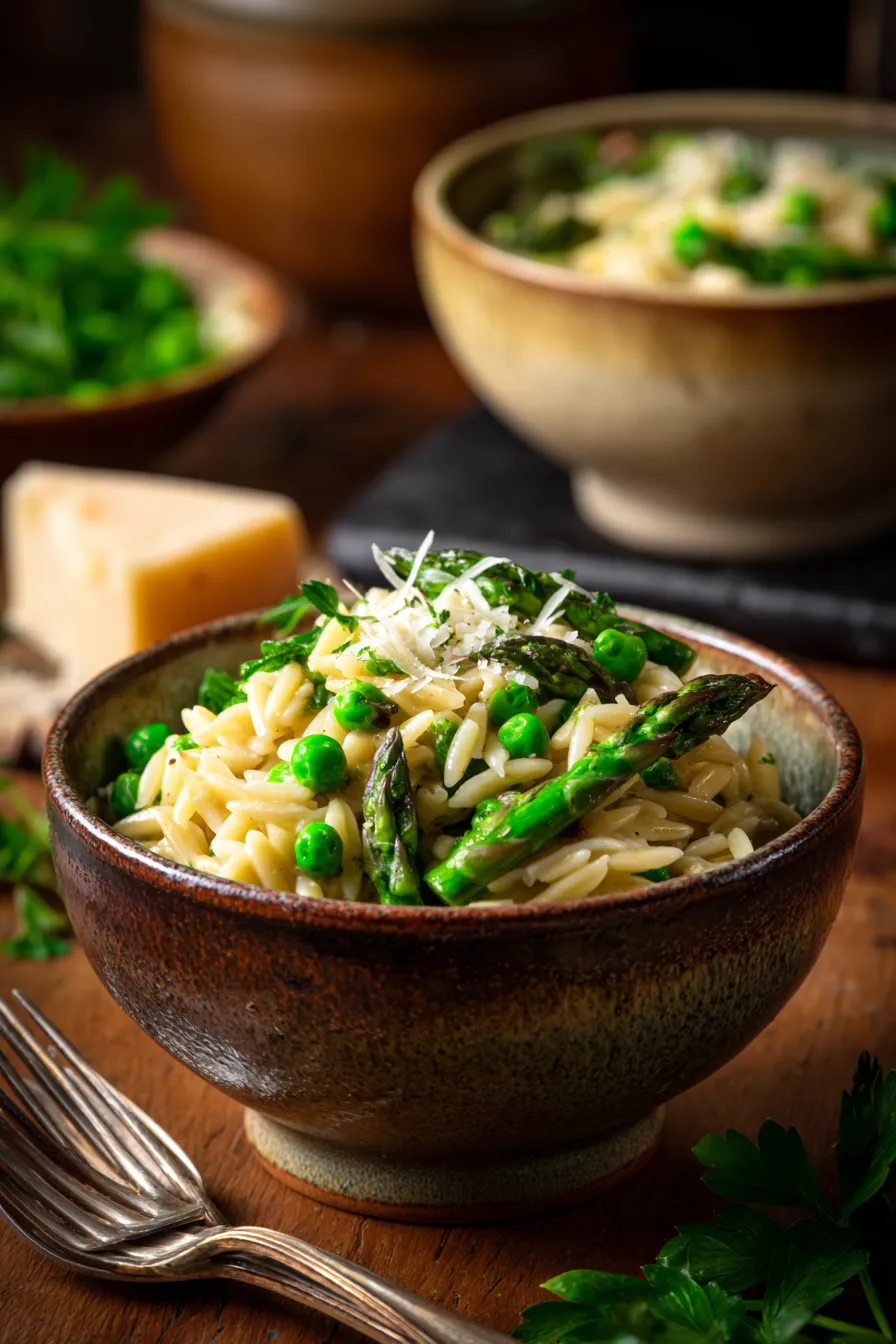 One Pot Orzo with Asparagus and Peas –serving-bowl