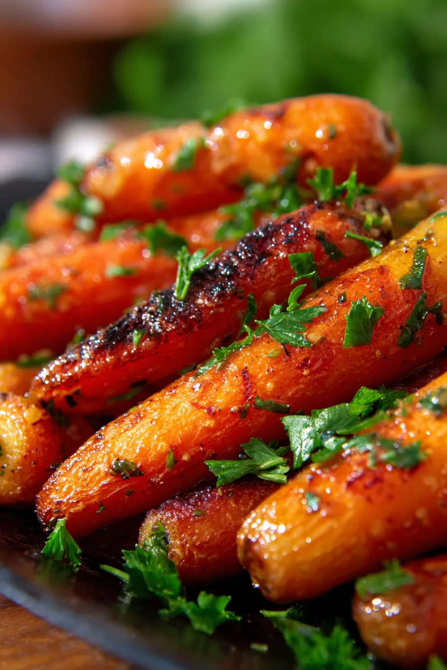 Oven Roasted Honey Garlic Butter Carrots-closeup-caramelized