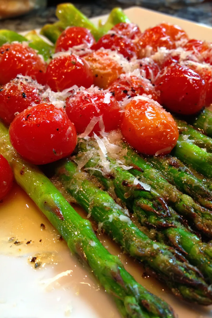 Quick & Easy Roasted Asparagus with Parmesan & Tomatoes
