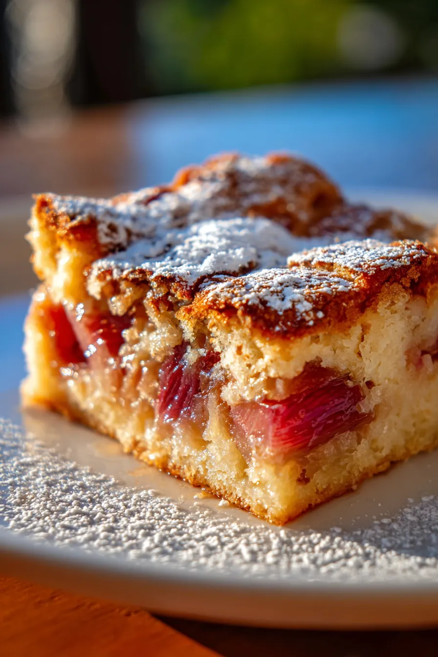 Rhubarb Pudding Cake, baking dish, golden brown top