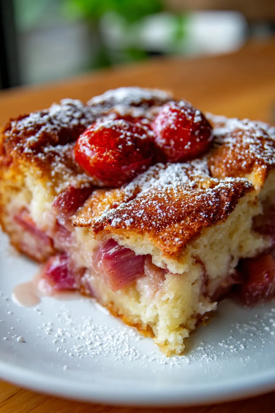 Rhubarb Pudding Cake, sliced, close-up texture