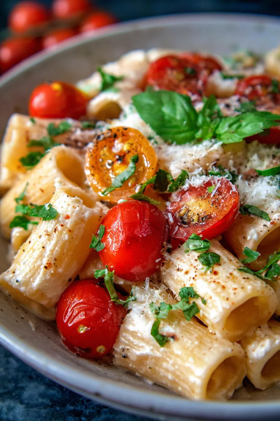 Ricotta Pasta, close-up, vibrant cherry tomatoes, parmesan cheese