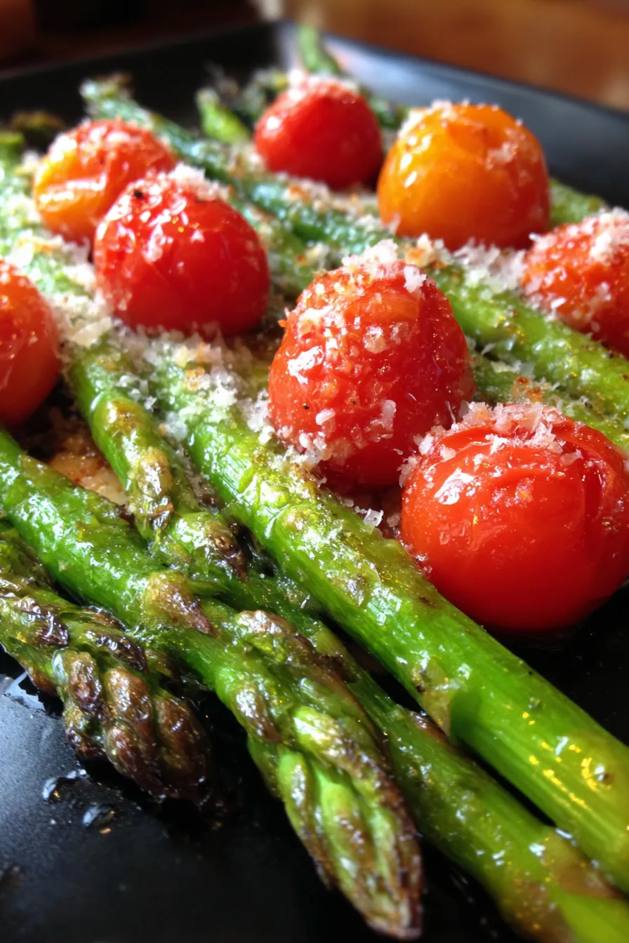 Roasted Asparagus with Parmesan & Tomatoes-closeup-caramelized