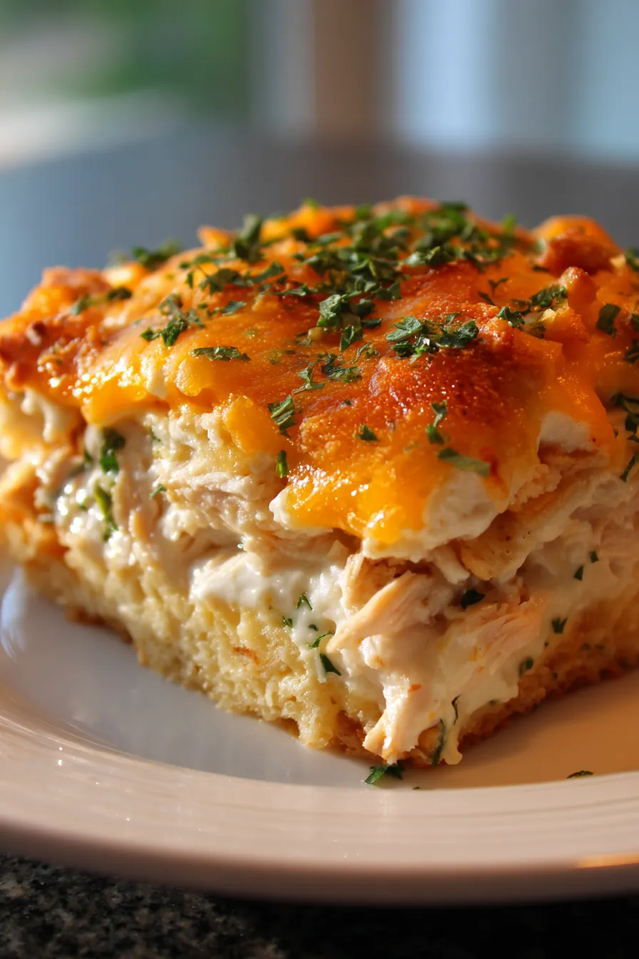 shredded chicken casserole, rich sauce, rustic