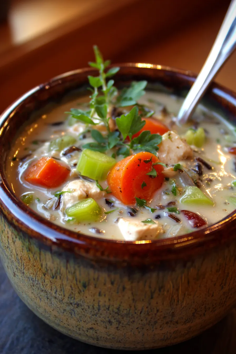 Slow Cooker Chicken and Wild Rice Soup - garnished-fresh herbs