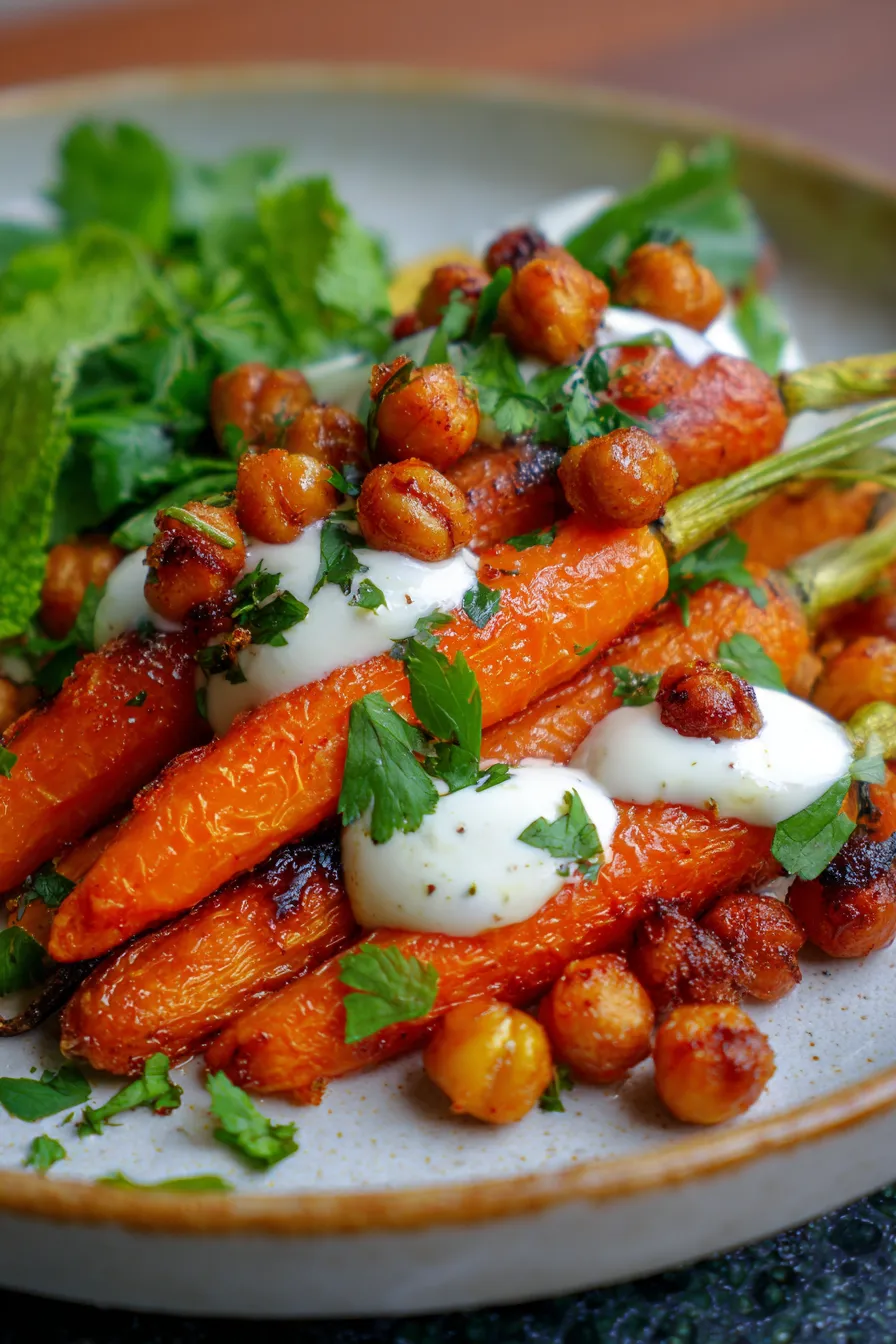 Spicy Maple Roast Carrots with Crispy Chickpeas & Yogurt Sauce