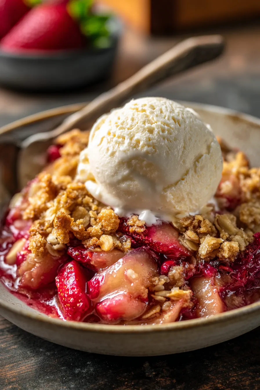 strawberry rhubarb crisp-closeup-texture