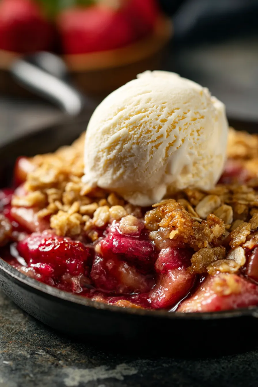 strawberry rhubarb crisp-scoop-vanilla-ice-cream