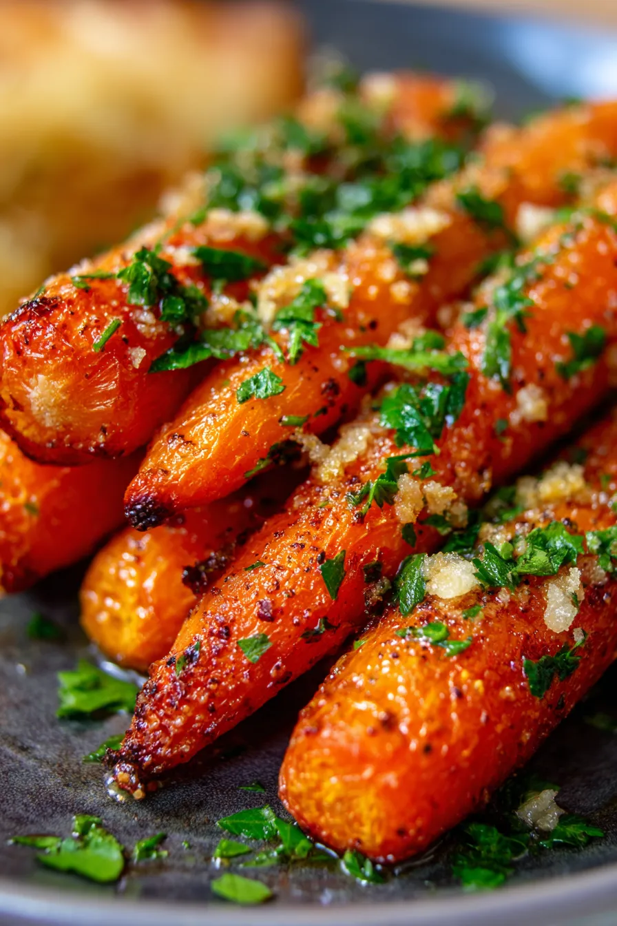 Tasty Parmesan Carrots! - serving bowl - garnished with parsley - steam rising