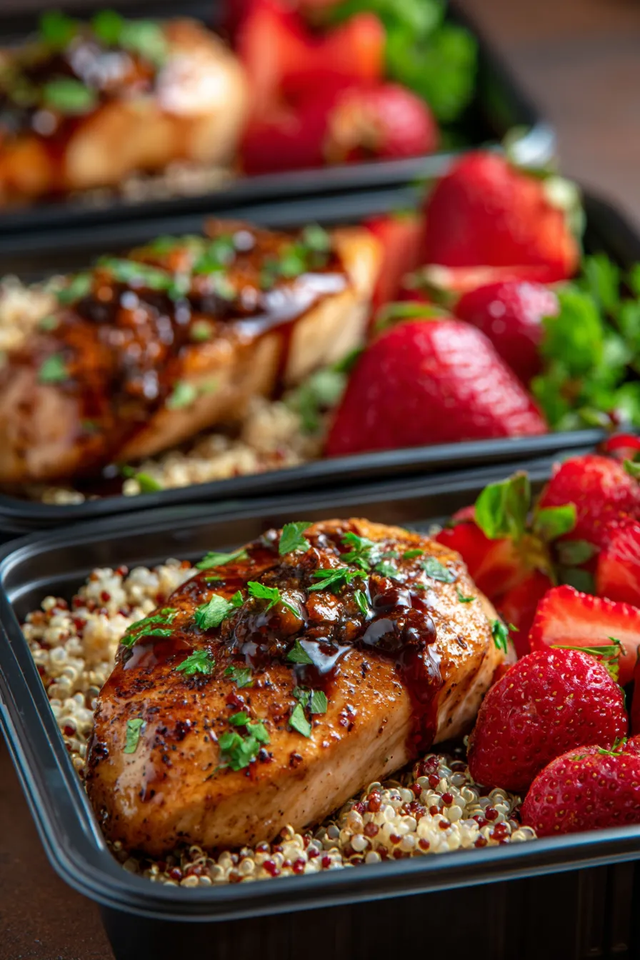 balsamic glazed chicken fillet closeup with sliced strawberries