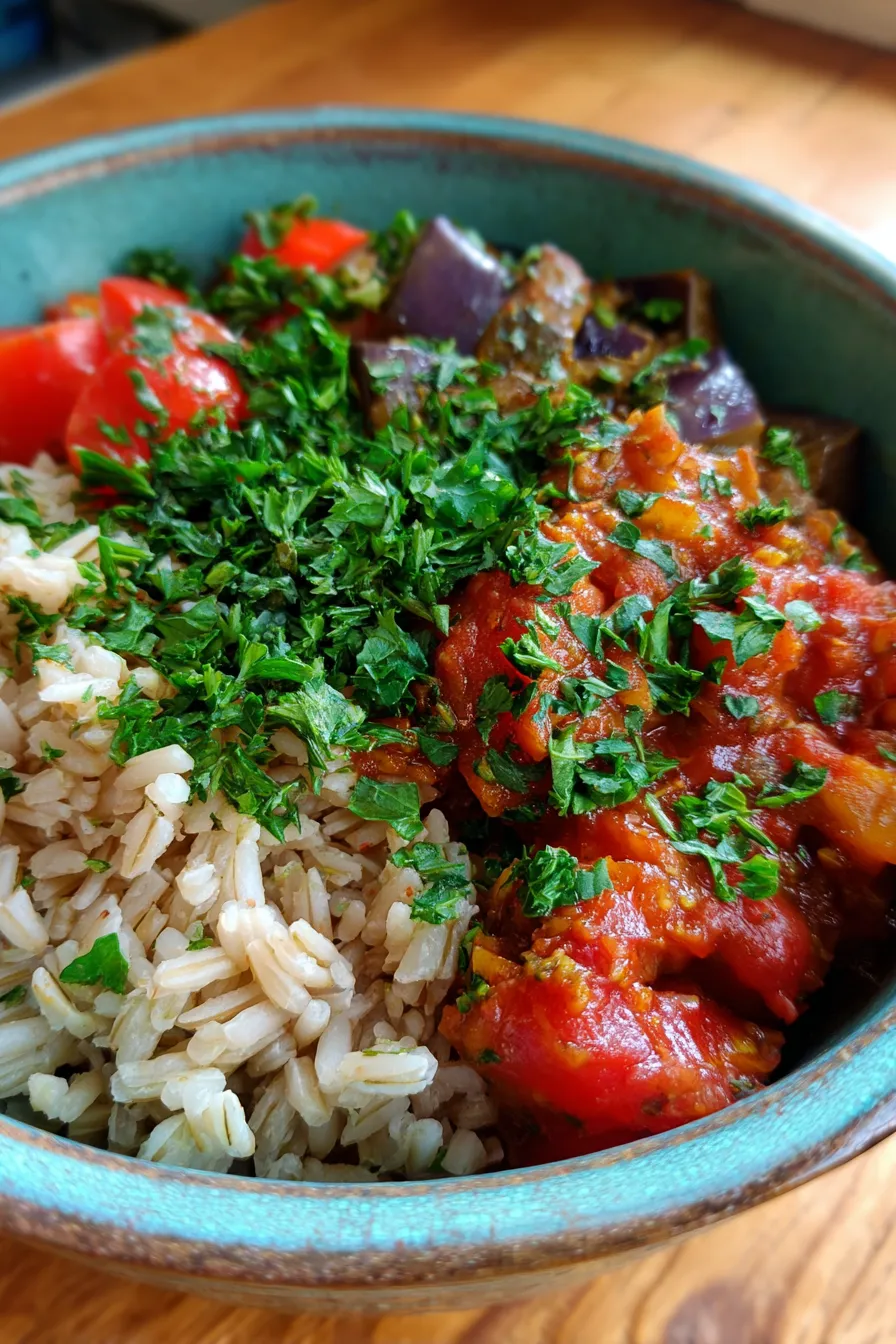 Budget Friendly Eggplant Rice - Close Up Texture - Roasted Vegetables