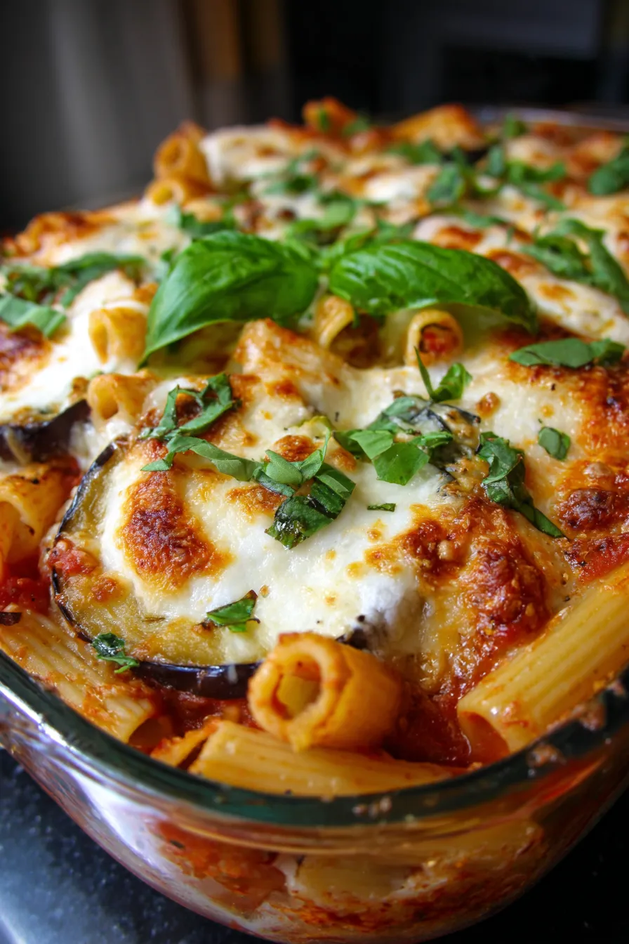 Cheesy Eggplant Pasta Bake-serving-dish