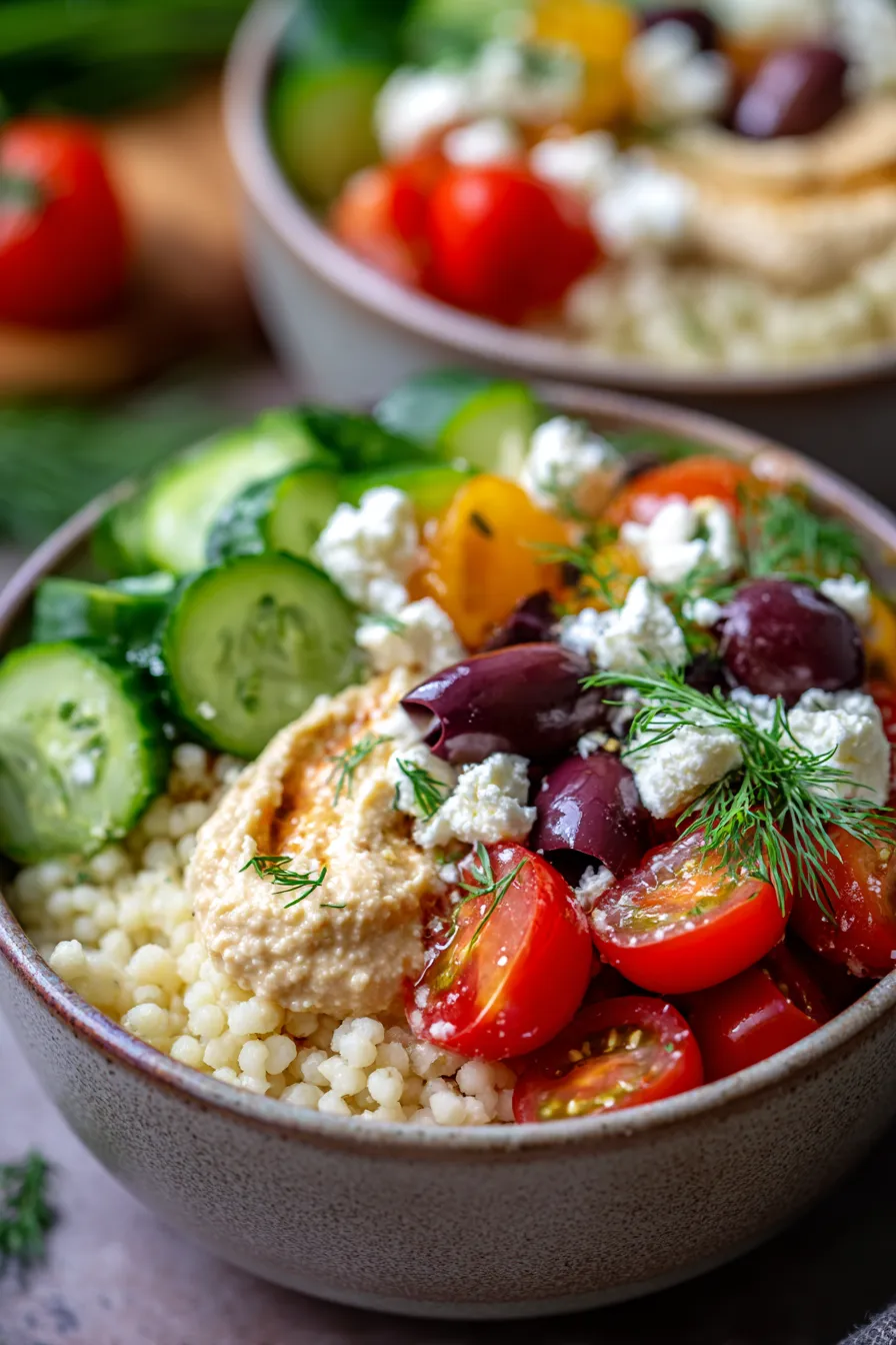 close up greek couscous bowl texture