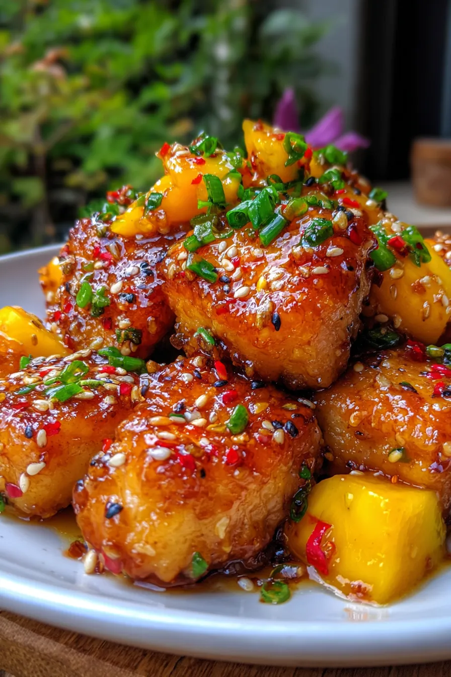 Close-up of Sticky Mango Chicken, caramelized texture
