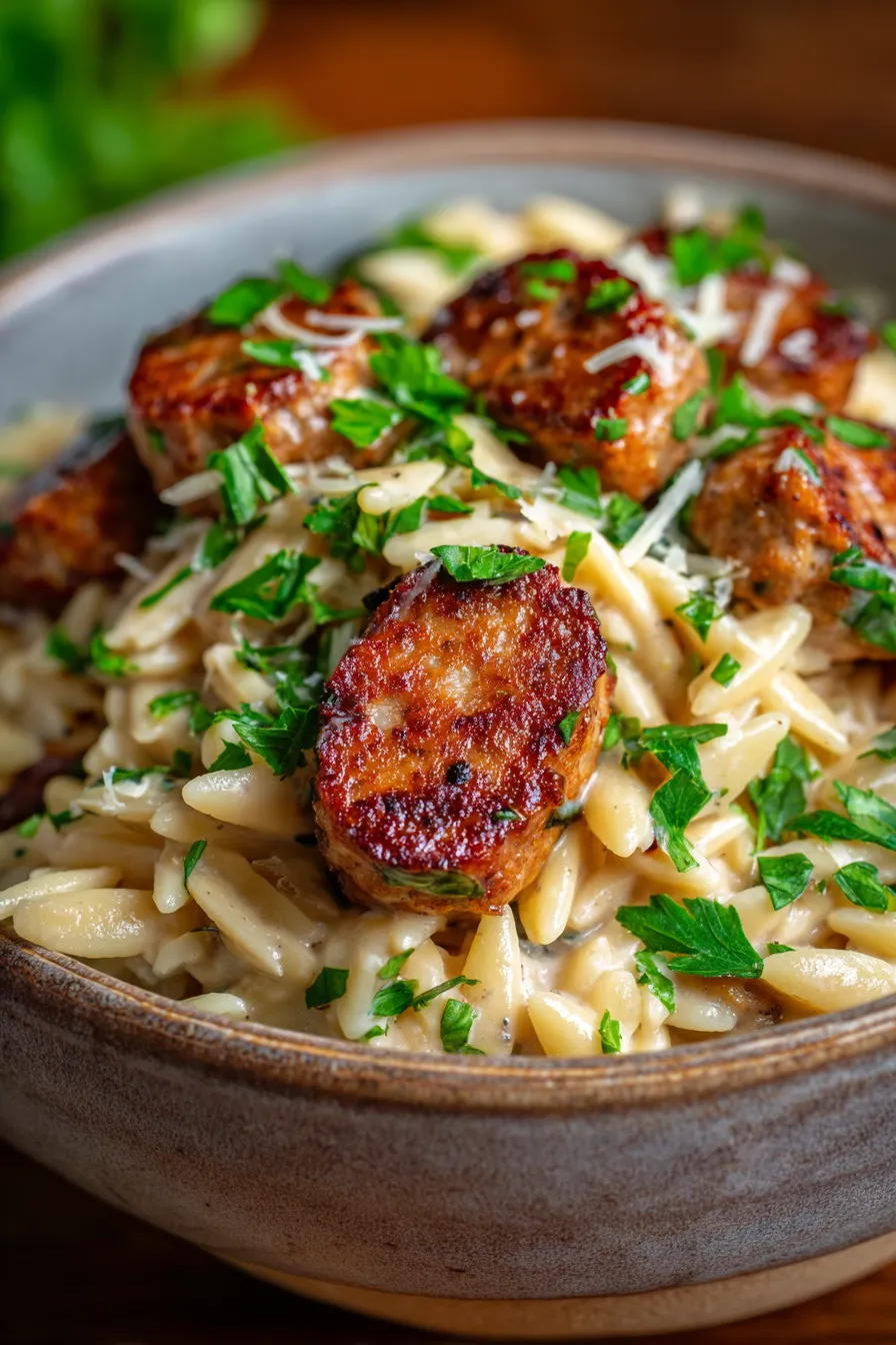 Creamy Chicken Sausage Orzo (One-Pan Dinner)-garnished-closeup