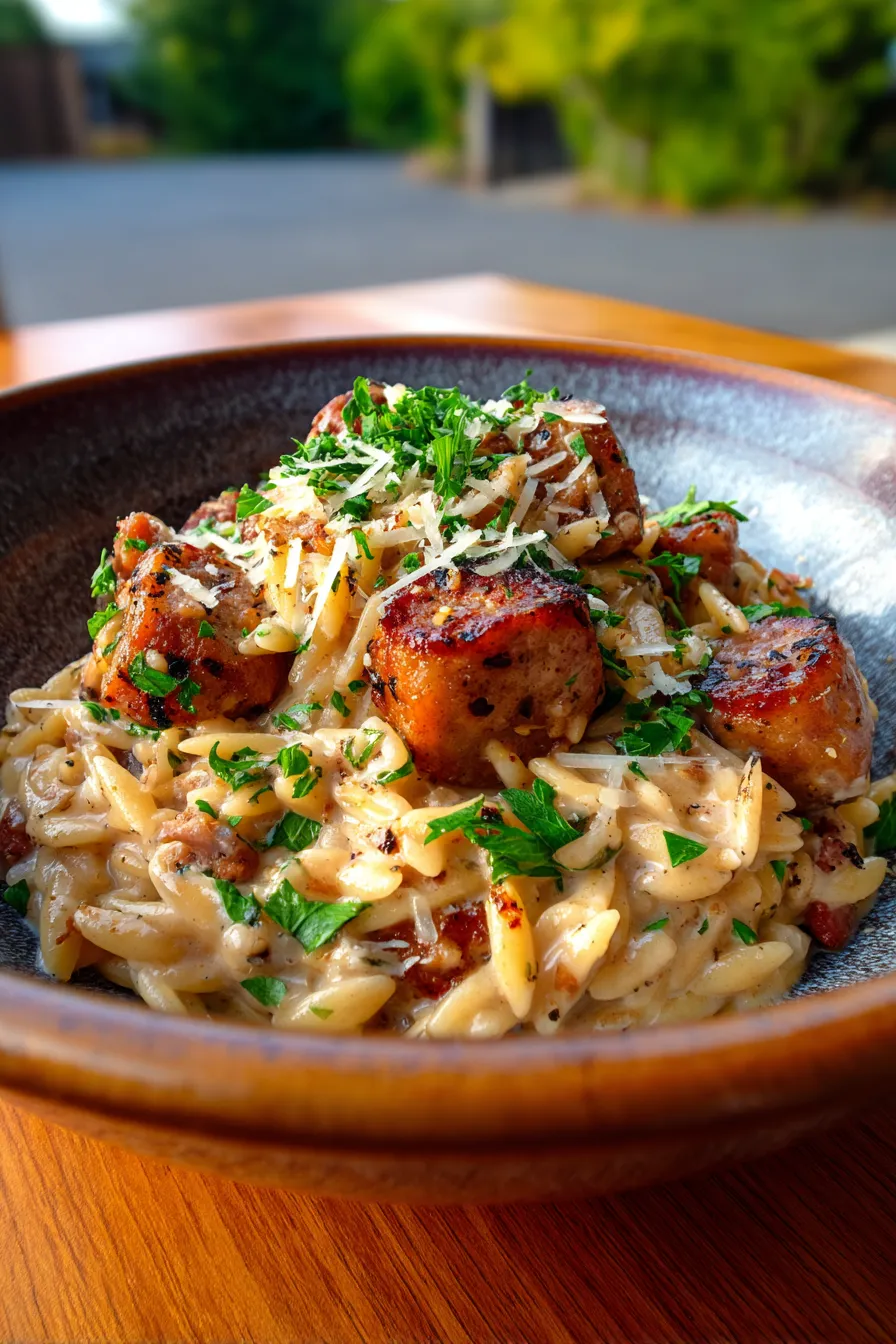 Creamy Chicken Sausage Orzo (One-Pan Dinner)-serving-dish