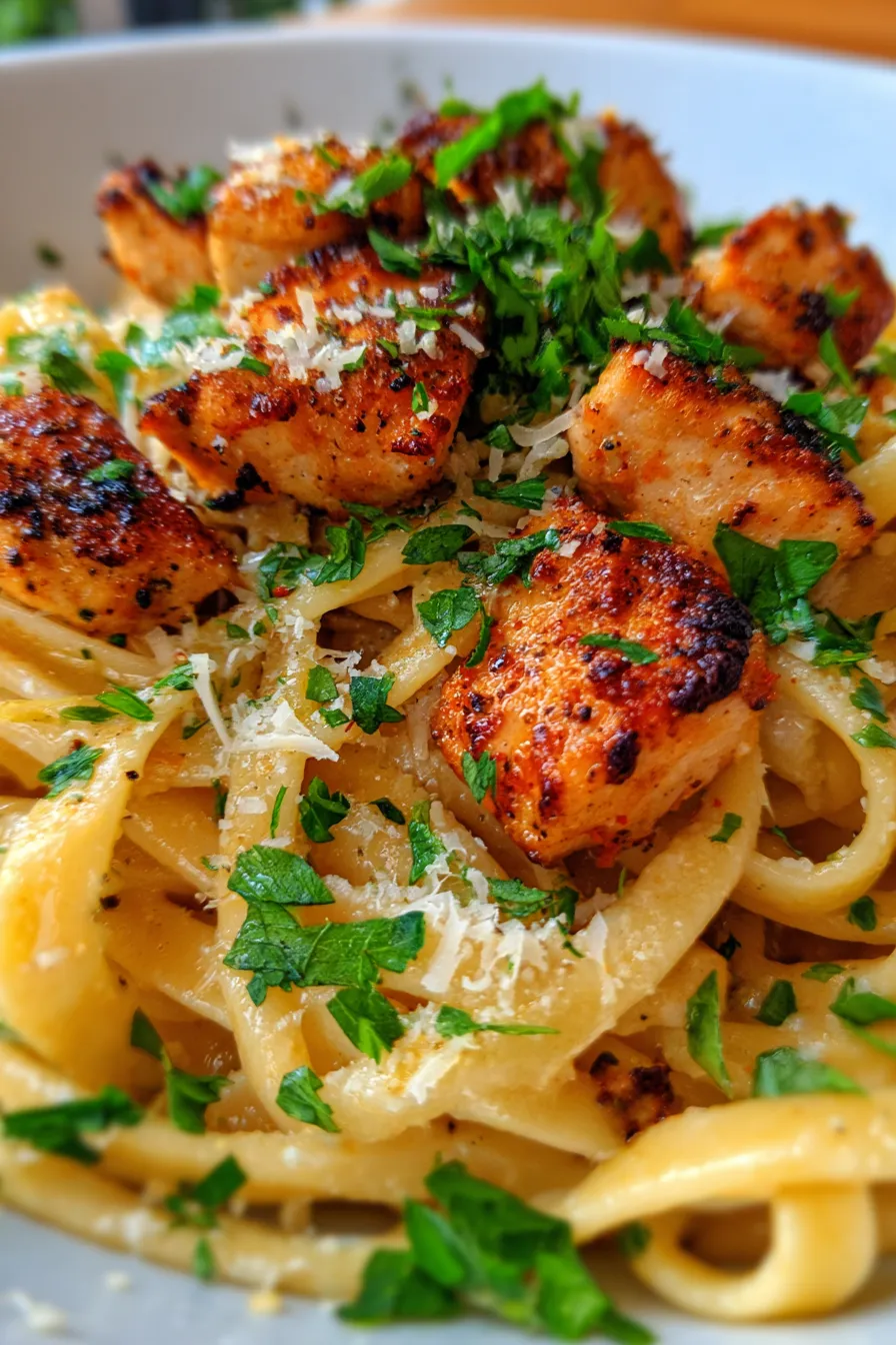 Creamy Garlic Butter Chicken Pasta-plated-sideview-fork