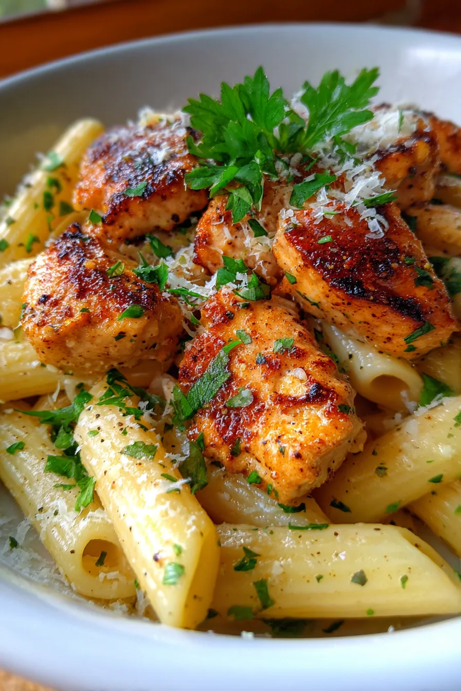 Creamy Garlic Butter Chicken Pasta-serving bowl-steam rising