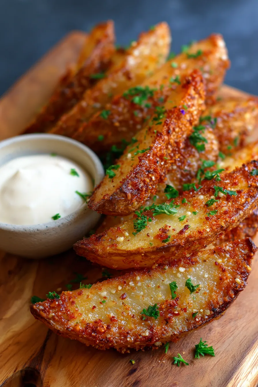 Crispy Garlic Parmesan Potato Wedges (Easy Side Dinner)-overhead-shot-freshly-baked