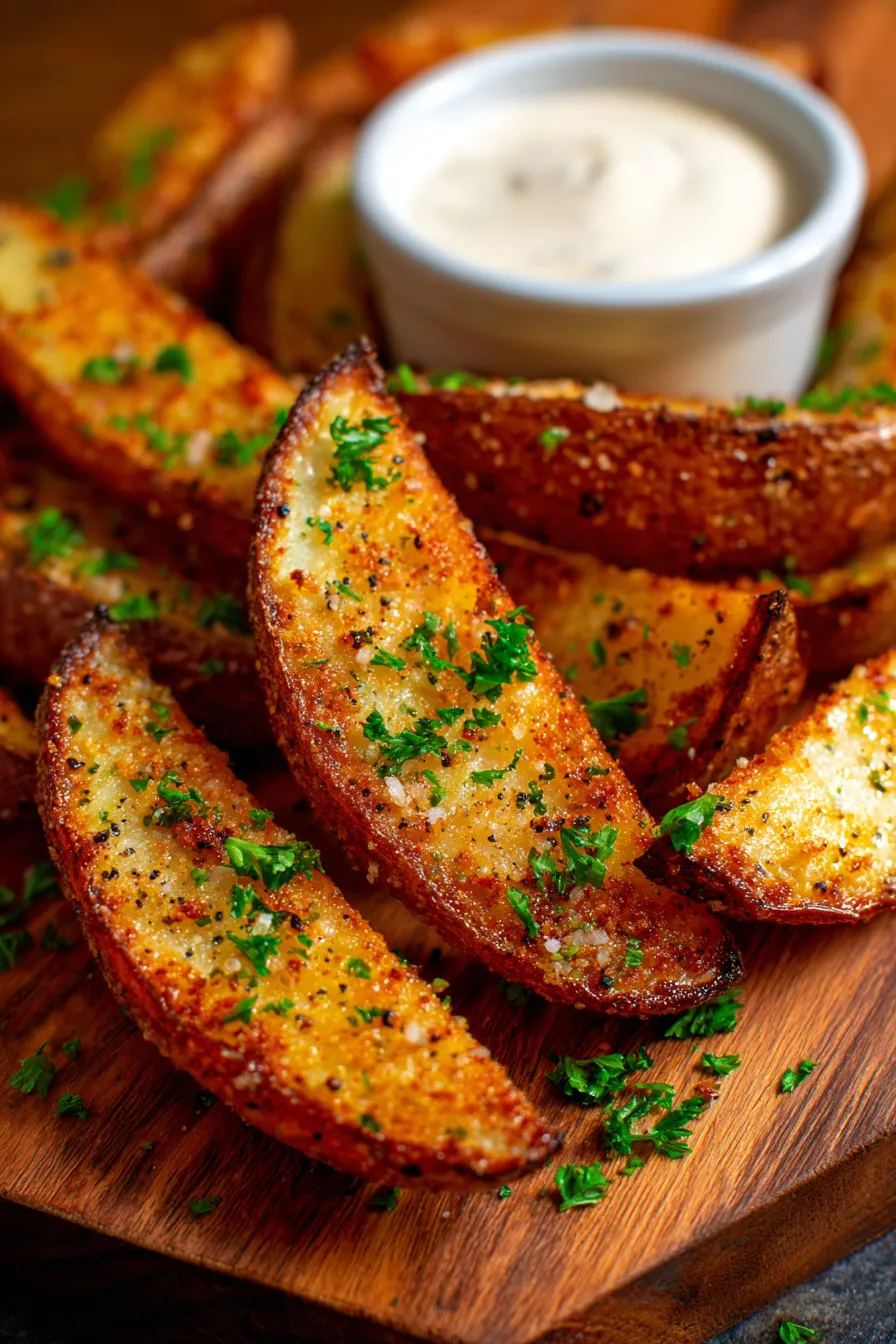 Crispy Garlic Parmesan Potato Wedges (Easy Side Dinner)-serving-platter-garnished