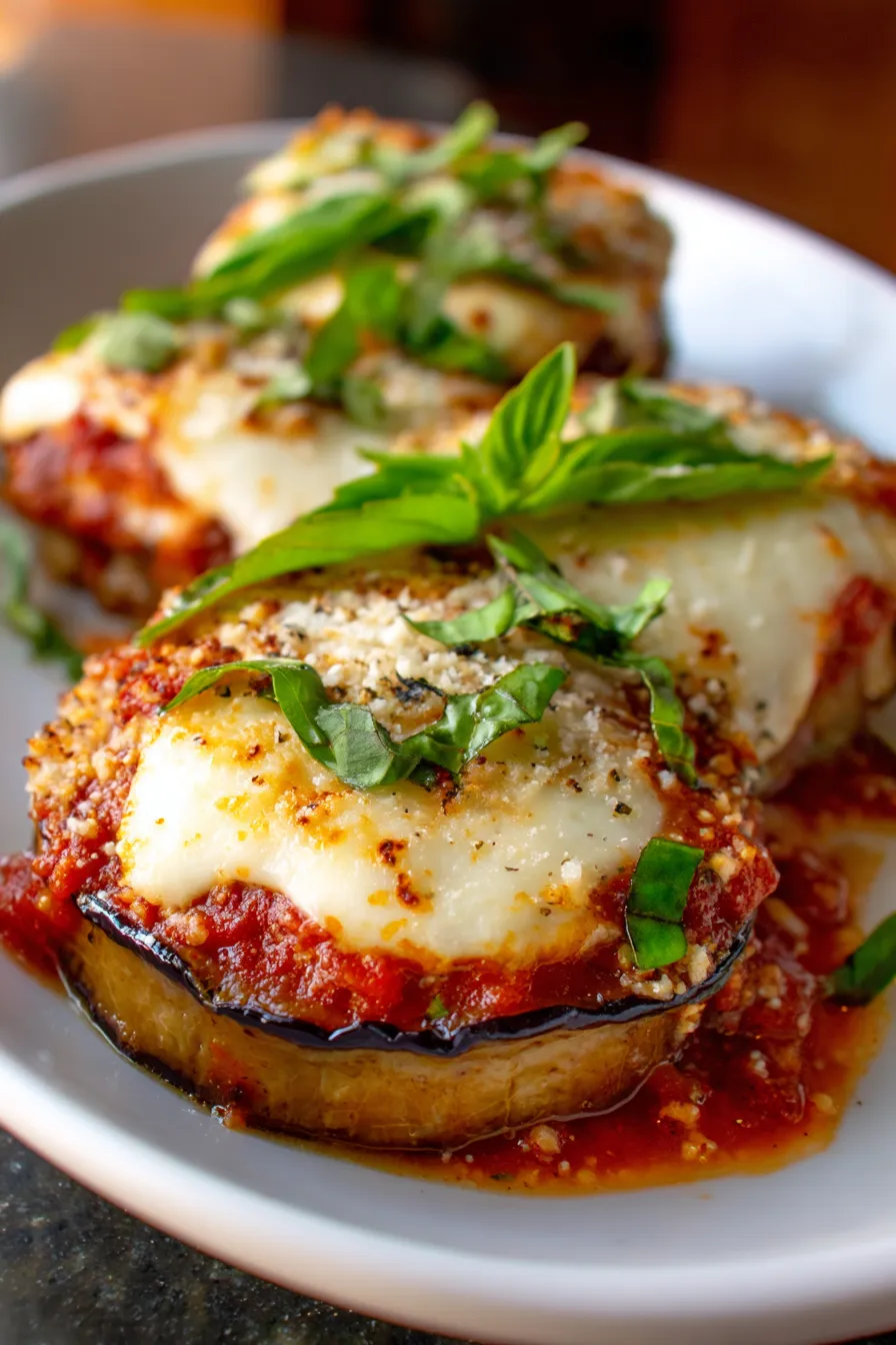 Eggplant Parmesan - golden brown - melted cheese - texture closeup