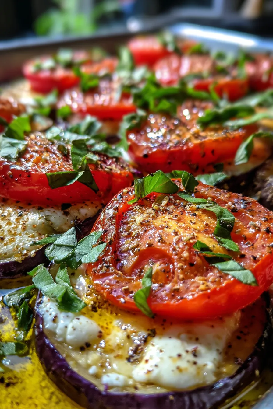 Eggplant Tomato Bake - cheesy - close up