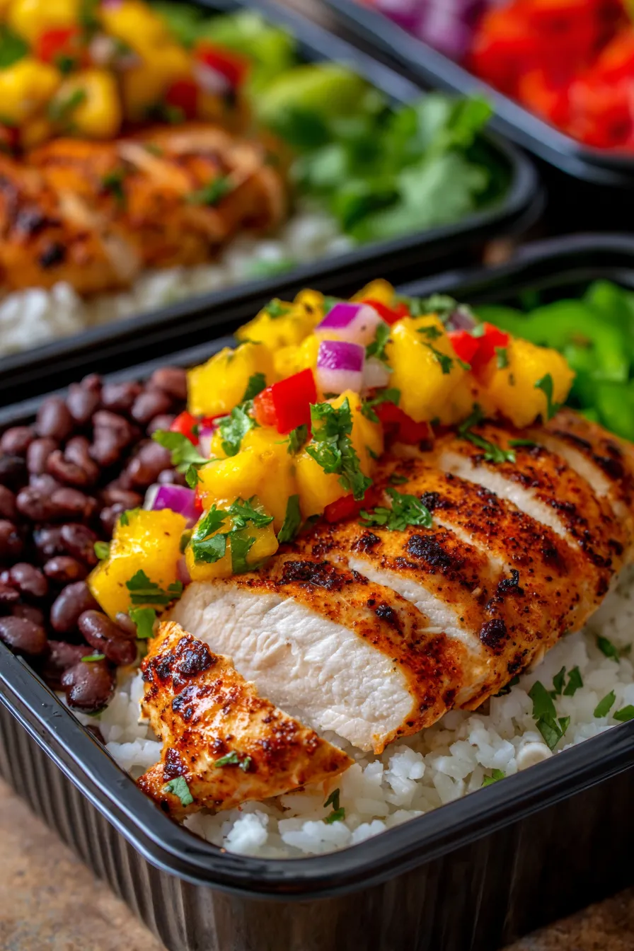 Fresh Healthy Dinner Bowls - close up - chicken, mango, rice