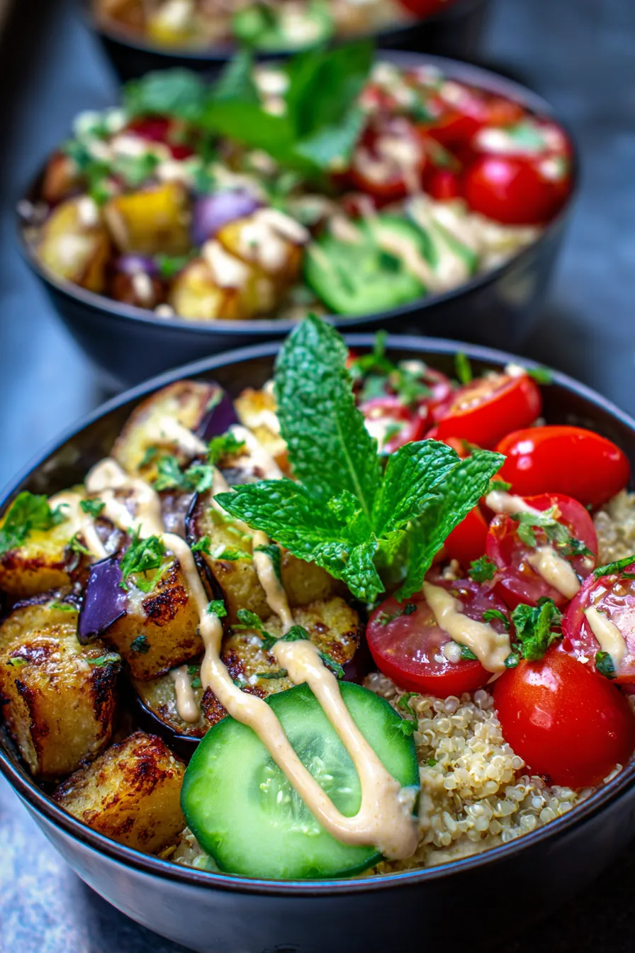 Garlic Roasted Eggplant Bowls Mediterranean-ingredients-colorful-spread