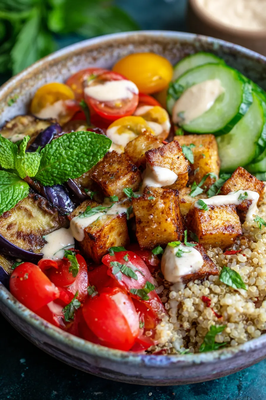 Garlic Roasted Eggplant Bowls Mediterranean-tahini-drizzle-action-shot